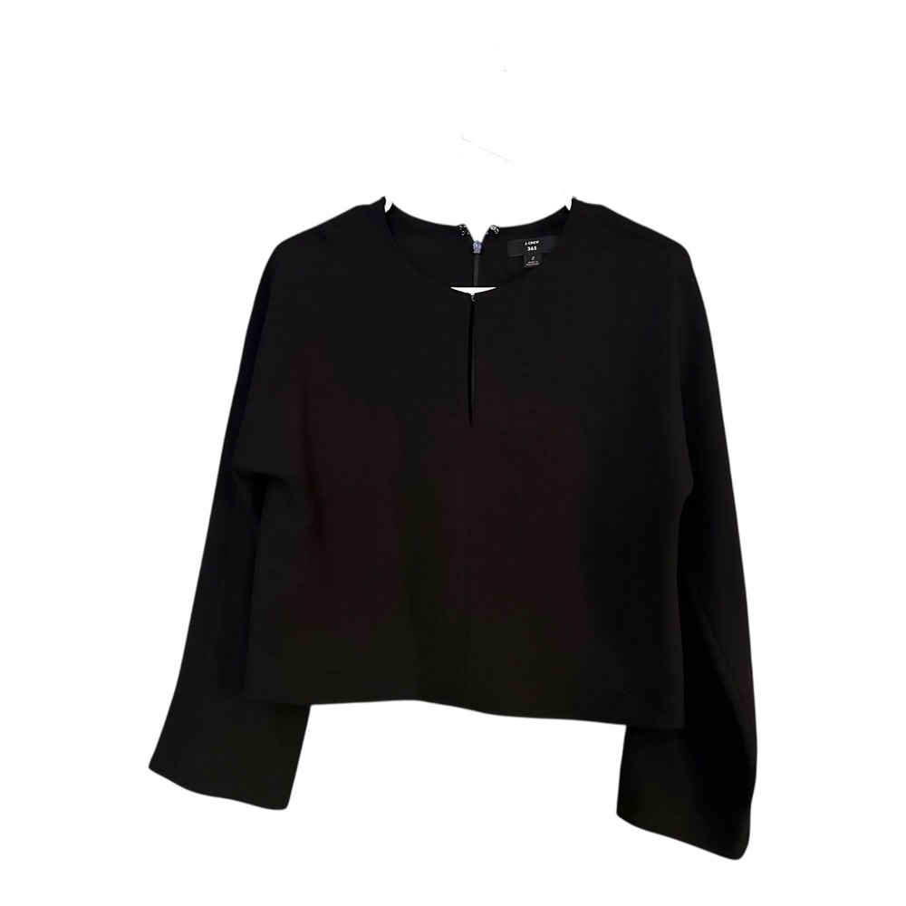 J.Crew 365 Cropped Long Sleeve Blouse Black Crepe Keyhole Back Zip Women's 2